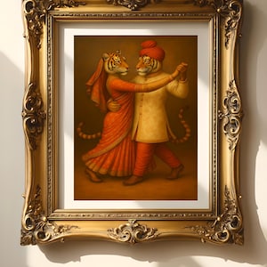 May include: An artwork in a gold frame shows two tiger figures in Indian clothing, dancing. One wears an orange sari, the other a cream jacket and red turban. The ornate gold frame surrounds the image. The image is reminiscent of Indian culture.