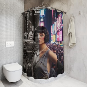 Cortina de ducha con retrato de flapper vintage / Times Square de estilo noir a neón