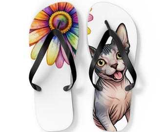Sphynx Cat Rainbow Daisy Flip Flops | Floral Beach Sandals