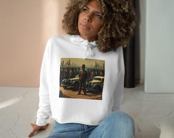 Sudadera corta estilo "Vintage Desert Roadman" / Autos retro, atardecer con cactus