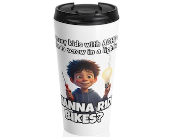 Divertido dibujo animado de un niño con TDAH, taza de viaje de acero inoxidable con diseño de bombilla y destornillador.