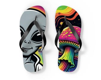 Chanclas con estampado de hongos psicodélicos y alienígenas / Sandalias veraniegas coloridas y psicodélicas