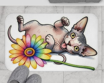 Sphynx Cat Rainbow Daisy Bath Mat | Plush Memory Foam Cat Rug