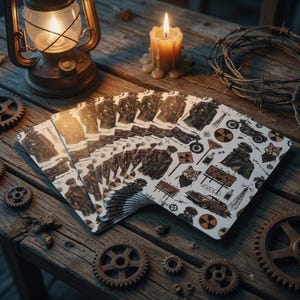 Puede incluir: Una baraja de cartas con un diseño único que presenta ilustraciones de figuras con abrigos, motocicletas y zorros. Las cartas están abanicadas sobre una superficie de madera rústica, junto a una linterna encendida, una vela y alambre de púas.