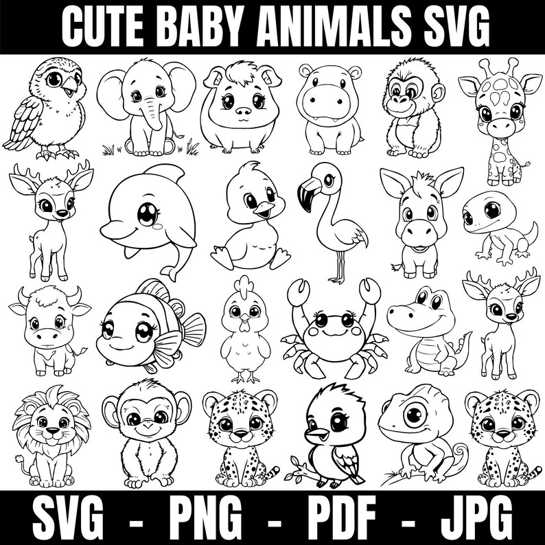 Cute Baby Animals SVG Bundle, Kawaii Animal Line Art PNG, Kids Animals ...