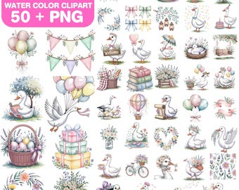 Watercolor Goose Clipart Bundle, Spring Cottagecore (PNG, Commercial Use)