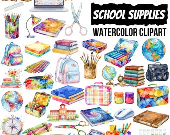 Watercolor School Supplies Clipart Bundle (PNG Digital Download)