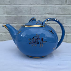Vintage Hall Donut Teapot: Sky Blue, 24K Gold Floral, Midcentury China