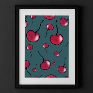 Póster imprimible A3, decoración de cocina retro, fondo verde, arte mural de cerezo.