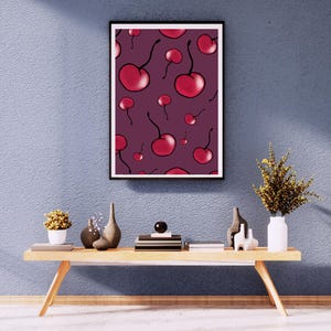 Póster imprimible A3, decoración de cocina con frutas retro, cerezas rojas, descarga digital