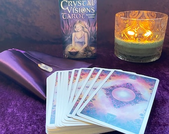 New Authentic Crystal Visions Tarot Deck with Purple Satin Tarot Bag and Quartz Crystal