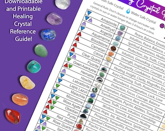 Guía de referencia de cristales curativos imprimible y tabla de intenciones, hoja de referencia de piedras preciosas, hoja de información de cristales - ¡Descarga instantánea!
