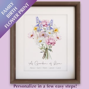 Family Birth Flower Bouquet | Grandma&#39;s Garden Family Bouquet | Gift for Mom | Personalized Birth Month Flower Print | Mother&#39;s Day Gift