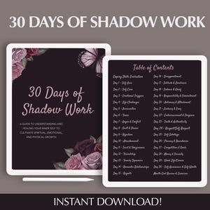 Könnte beinhalten: Ein digitaler druckbarer Leitfaden mit dem Titel "30 Tage Schattenarbeit" mit einem floralen Design in Rosa- und Lilatönen. Der Leitfaden enthält ein Inhaltsverzeichnis mit einer Liste von Themen für jeden Tag.