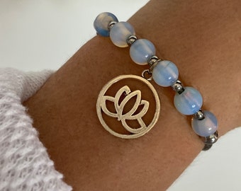 Adjustable Opaline Gemstone Bracelet with Silver Lotus Charm