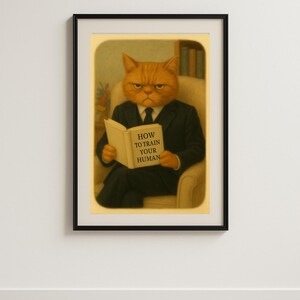 Póster divertido de gato para el baño | Estilo vintage | Gato gruñón leyendo un libro | Arte mural de gato atigrado al óleo | Descarga instantánea | Regalo para amantes de los gatos | Mascota