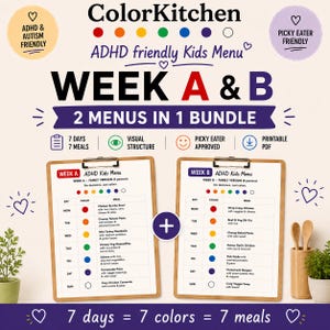 Op de afbeelding: Een kleurrijk ADHD-vriendelijk kindermenu van ColorKitchen, met twee weekmenu's. Het menu is per dag gecodeerd met kleuren en bevat een verscheidenheid aan maaltijden. Het is visueel gestructureerd en geschikt voor autistische kinderen en moeilijke eters.