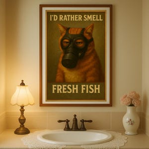 Toilet Humor Decor | Funny Cat Bathroom Poster | Vintage Look | Orange Tabby Cat Wall Art | Grumpy Cat with Gas Mask | Instant Download
