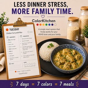 May include: A recipe for Chicken Curry with Rice is shown on a wooden clipboard. The image includes a bowl of curry, rice, and ingredients. Text reads "Less Dinner Stress, More Family Time." The ColorKitchen logo is visible.