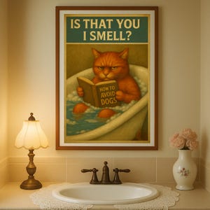 Funny Cat Bathroom Poster | Vintage Look | Bathtub Cat Wall Art | Toilet Humor Print | Dog-Hating Grumpy Cat | Instant Digital Download
