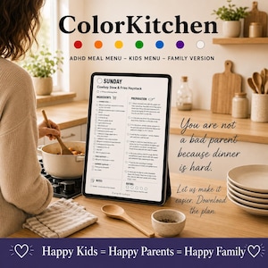 May include: A digital tablet displays a recipe for Cowboy Stew & Fries Haystack, part of a meal plan. The image features a kitchen setting with a person stirring a pot. Text includes "ColorKitchen" and "Happy Kids = Happy Parents = Happy Family."