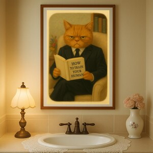 Funny cat bathroom poster | vintage look | grumpy cat reading book | oil tabby cat wall art | instant download | Gift for Cat Lovers | Pet