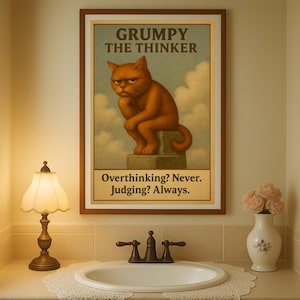 Op de afbeelding: Een ingelijste prent met een chagrijnige oranje kat in een denkpose, met de tekst "GRUMPY THE THINKER" erboven en "Overthinking? Never. Judging? Always." eronder. De prent hangt boven een wastafel.