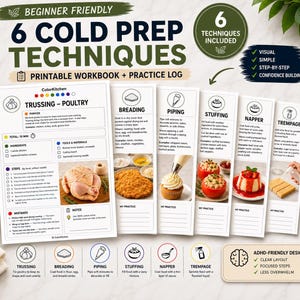 Op de afbeelding: Een beginnersvriendelijk printbaar werkboek met 6 koude prep-technieken, waaronder trussing, breading, piping, stuffing, napping en trempage. Het werkboek heeft een duidelijke lay-out en gerichte stappen.