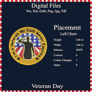 Op de afbeelding: Een digitaal bestandsontwerp voor Veteranendag. Het ontwerp toont een cirkelvormige patch met de tekst "I'm a Veteran My Oath Never Expires" en een afbeelding van een saluerende soldaat. De patch is 7,77 cm hoog en breed.