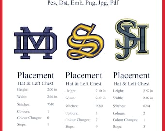 May include: Digital files featuring three embroidered logos. The first is a navy blue monogram, the second is a gold and navy blue letter, and the third is a navy blue and gold monogram. Each design is labeled with its placement, height, width, stitches, colors, and stops.