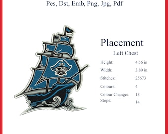 Piratenschiff-Stickerei, Totenkopf-Boot-Muster (Digitaler Download)