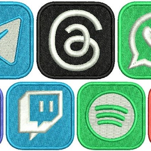 Może przedstawiać: Zestaw haftowanych naszywek z logo mediów społecznościowych. Zawiera YouTube, TikTok, Telegram, Email, WhatsApp, Instagram, Facebook, Snapchat, Skype, Discord, Twitch, Spotify, Pinterest, LinkedIn i X.
