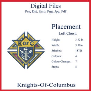 May include: A digital embroidery file featuring a Knights of Columbus emblem. The design is a diamond shape with a gold border, the letters "K OF C", and a navy blue center with a cross and anchors. Height: 3.52 in, Width: 3.51 in.