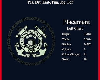 US Küstenwache Style Anchor Emblem Stickdatei | Nautisches Abzeichen | Maschinenstickdatei