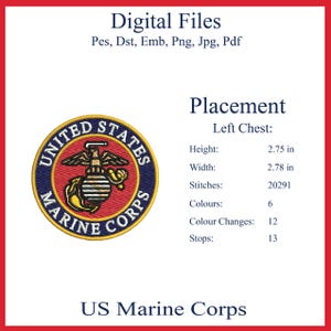 May include: A digital file featuring a US Marine Corps emblem. The emblem is a circular design with a red, gold, and blue color scheme. The text "UNITED STATES MARINE CORPS" surrounds a central eagle and globe design. The height is 2.75 inches and the width is 2.78 inches.