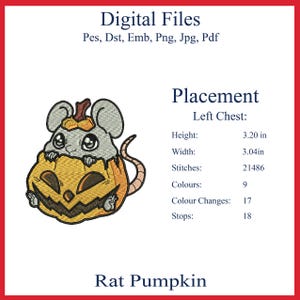 May include: An embroidered design featuring a cartoon rat emerging from a carved pumpkin. The design is in shades of gray, orange, and brown. The height is 3.20 inches, and the width is 3.04 inches. The design is labeled "Rat Pumpkin".