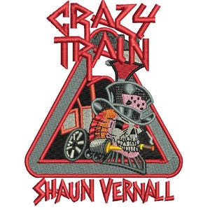 May include: Embroidered patch featuring a skull wearing a top hat and smoking a cigar, designed as a train. The words "CRAZY TRAIN" and "SHAUN VERNALL" are in red, with a gray and red triangular border.
