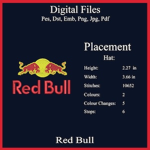 Może przedstawiać: Cyfrowy plik do haftu z logo Red Bull, przeznaczony do umieszczenia na czapce. Projekt ma wysokość 5,77 cm i szerokość 9,30 cm. Zawiera 10652 ściegi, 2 kolory, 5 zmian kolorów i 6 zatrzymań.