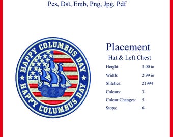 Happy Columbus Day Stickmuster - Maschinenstickerei mit US Flagge und Schiff Aufnäher