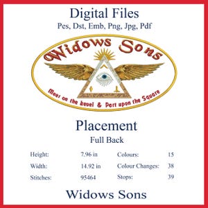 May include: Digital embroidery file design. The design includes the text "Widows Sons" in a gold oval with an emblem of an eye within a triangle, and wings. The design is 20.2 cm high and 37.9 cm wide.