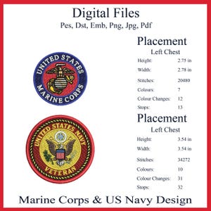 Può includere: File digitali con disegni del Corpo dei Marines e della Marina degli Stati Uniti. L'immagine include due toppe ricamate con le scritte "United States Marine Corps" e "United States Navy Veteran". Le toppe sono circolari, con cuciture dettagliate e colori vivaci.