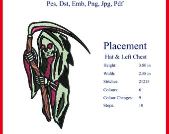 Sensenmann Schädel Stickdatei | Gothic Jacke Aufnäher (Digital Download)