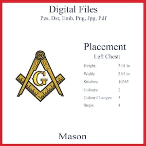 May include: A digital embroidery file featuring a Masonic emblem. The design includes a golden compass and square with the letter "G" in the center. The height is 3.01 inches, and the width is 2.93 inches. The file is available in multiple formats.