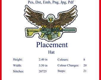 Adler mit Gewehr Stickdatei, Stickdatei Militär Adler Aufnäher | 6x3,5 Zoll Maschinenstickdatei | Sofort Download