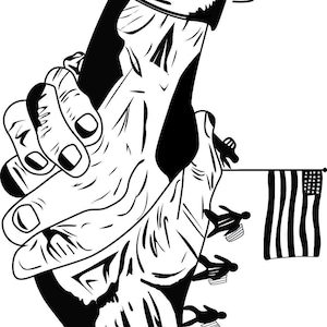 May include: Black and white illustration of two hands clasped together, with the words "Wounded", "South", "River", and "Warrior" in the image. An American flag is held by figures.