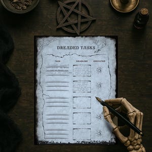 Puede incluir: Una lista de "Tareas Temidas" en papel envejecido, con una mano de esqueleto sosteniendo una pluma. La imagen incluye un pentagrama, una vela encendida y otros objetos ocultos, creando una estética oscura y gótica.