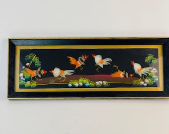 Cuadro decorativo de arte con plumas de gallo, 16 x 6