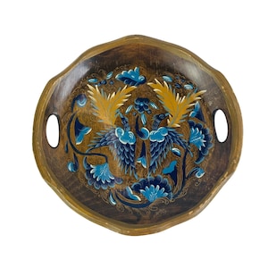 Folk Art Vintage Hand Painted Birds Blue Wood Plate Decor