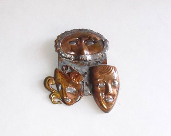 Vintage 1980s Hand Made/Hand Crafted Copper Theatre Pin-Comedy/ Tragedy-3 Masks-OOAK