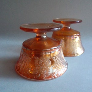 Vintage 30s FEDERAL NORMANDIE Carnival Glass Footed Sherbet-Yellow Iridescent-2